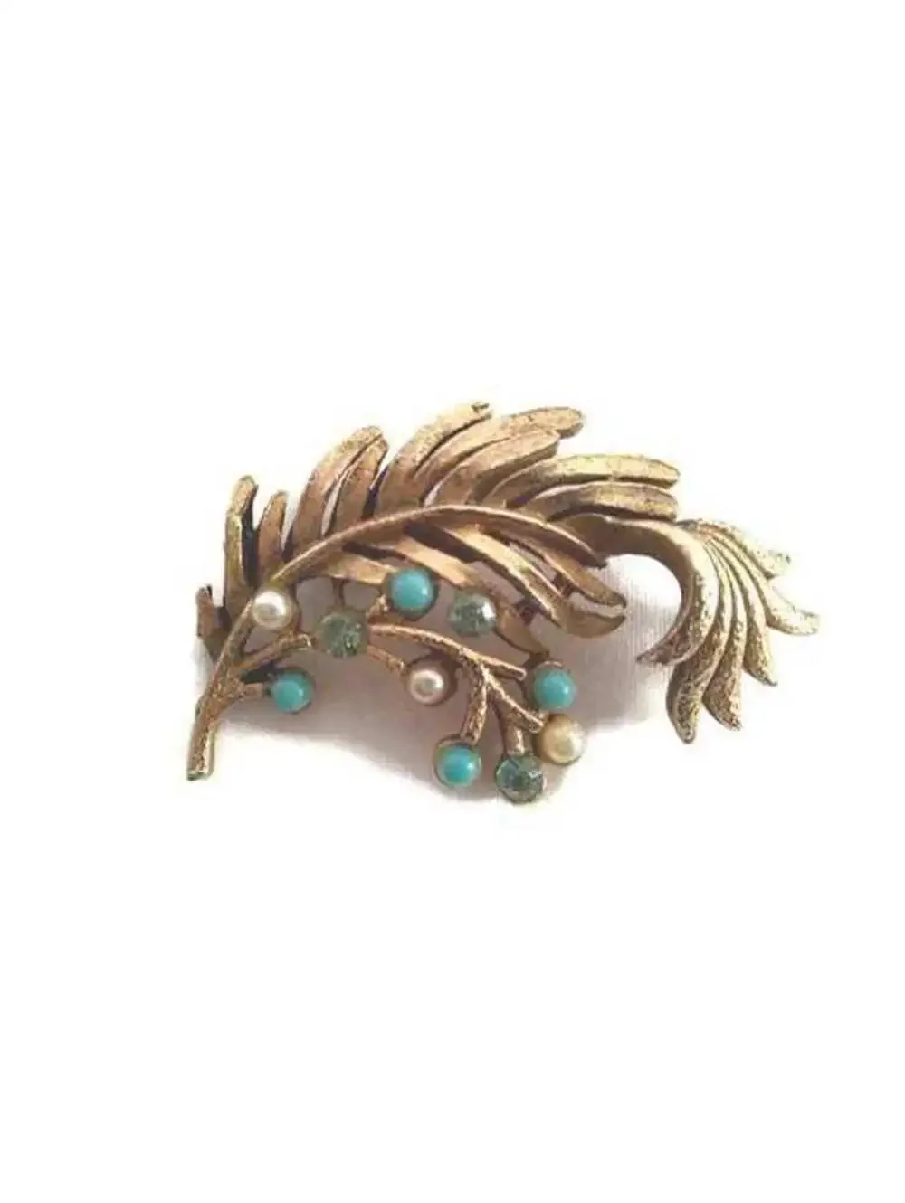 VTG Gold Tone Leaf Branch Brooch, Blue Rhinestones, Blue Pearls, White Pearls.